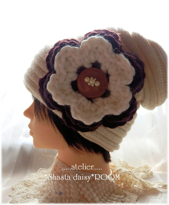 手编 Wool Yarn Flower Brooch*Big size*Brown×Offwhite*Ⅰ 第1張的照片