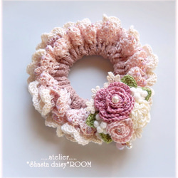 手编 Lace Yarn 绑发橡皮筋(chouchou) *with 2way Brooch（绣花线）*pink B 第3張的照片