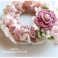 手编 Lace Yarn 绑发橡皮筋(chouchou) *with 2way Brooch（绣花线）*pink B 第4張的照片