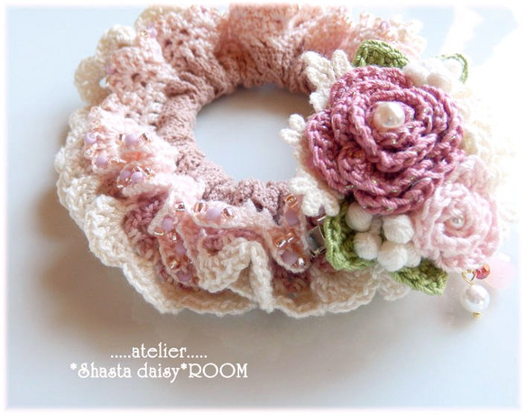 手编 Lace Yarn 绑发橡皮筋(chouchou) *with 2way Brooch（绣花线）*pink B 第4張的照片