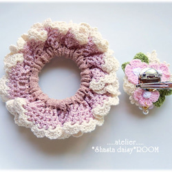 手编 Lace Yarn 绑发橡皮筋(chouchou) *with 2way Brooch（绣花线）*pink B 第7張的照片