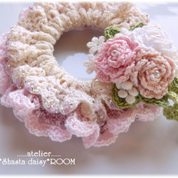 手编 Lace Yarn 绑发橡皮筋(chouchou) *with 2way Brooch（绣花线）*pink H 第4張的照片