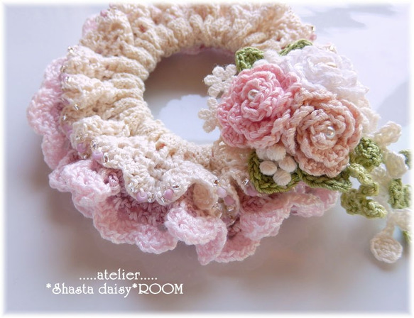 手编 Lace Yarn 绑发橡皮筋(chouchou) *with 2way Brooch（绣花线）*pink H 第4張的照片