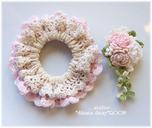 手编 Lace Yarn 绑发橡皮筋(chouchou) *with 2way Brooch（绣花线）*pink H 第5張的照片