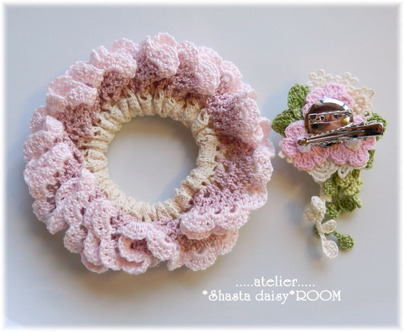 手编 Lace Yarn 绑发橡皮筋(chouchou) *with 2way Brooch（绣花线）*pink H 第7張的照片