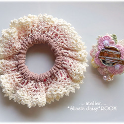 手编 Lace Yarn 绑发橡皮筋(chouchou) *with 2way Brooch（绣花线）*pink E 第7張的照片