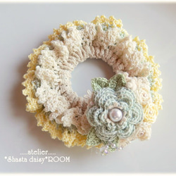 手编 Lace Yarn 绑发橡皮筋(chouchou)with 2way Brooch*yellow×green A 第2張的照片