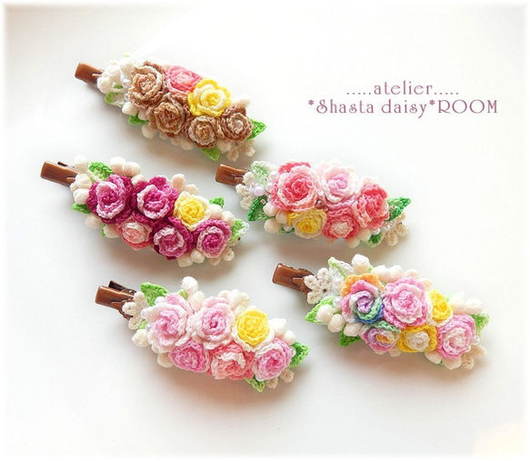 *SOLD OUT* 『グラデーションレース糸の薔薇ブーケ ヘアクリップ』*レッド*小サイズ【シャスターデイジールーム】 3枚目の画像