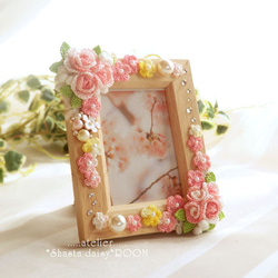 Wooden photo frame＊手编 Lace yarn flower ＊Pink 第1張的照片