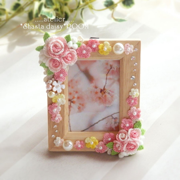 Wooden photo frame＊手编 Lace yarn flower ＊Pink 第2張的照片