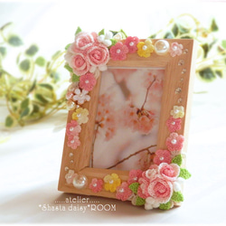 Wooden photo frame＊手编 Lace yarn flower ＊Pink 第3張的照片