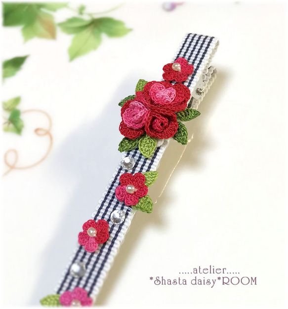 手编 Lace yarn flower 『Hair clip』Red&Pink 第4張的照片