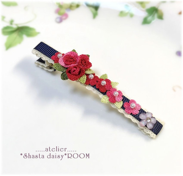 手编 Lace yarn flower 『Hair clip』Red ＆ Pink 第1張的照片