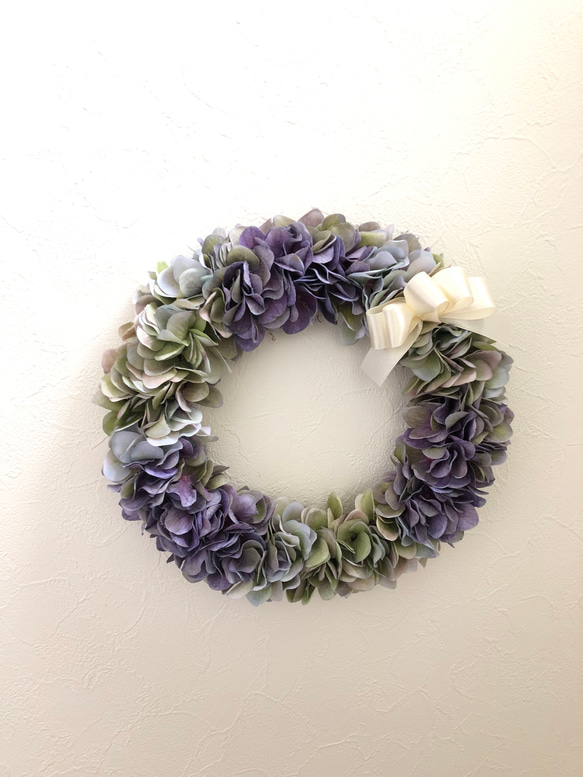 紫陽花のアンティークリース Lサイズ ✳︎パープル×グリーン ✳︎直径 約28cm 選べるリボン付き♫ 4枚目の画像