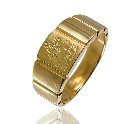 18K メンズ リング 金 印台リング ゴールド 鳳凰 ライオン 紋章 刻印