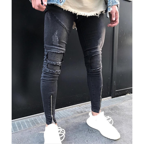 ダメージ バイカー デニムパンツ フロントzip ダメージジーンズ