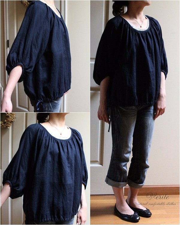 リネン・ギャザリングブラウス（ダークネイビー）