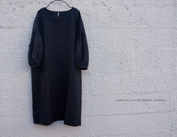 シンプル・ギャザースリーブワンピース(ダークネイビーリネン）着丈、袖丈セレクト