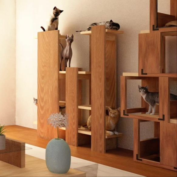 【お得な２点セット！】リビングに馴染む猫家具 CATTA2：キャットタワー／本棚／スマホスタンド 1枚目の画像