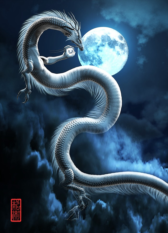 龍の絵「月と白龍」Ａ４ 1枚目の画像