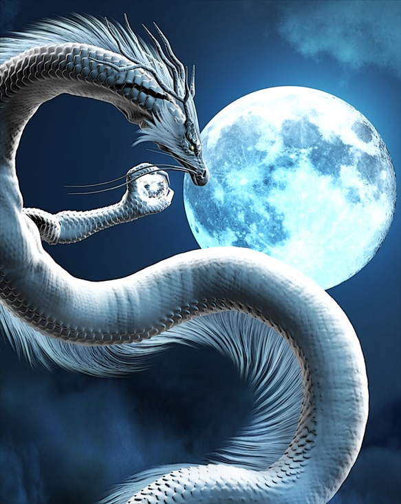 龍の絵「月と白龍」Ａ４ 3枚目の画像