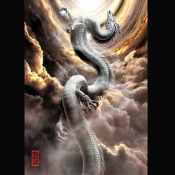 龍の絵「昇龍、白龍（暗め）」Ａ４ 1枚目の画像
