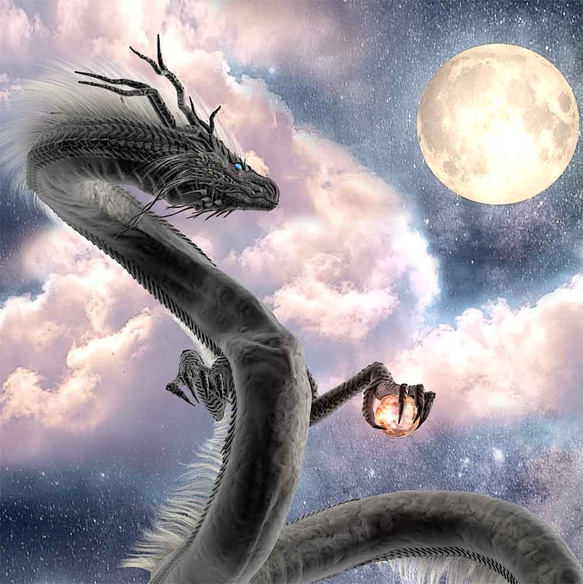 龍の絵「月下の黒龍」Ａ４　竜の絵 2枚目の画像