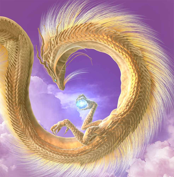 龍の絵「半月と金龍」Ａ４　竜の絵 2枚目の画像