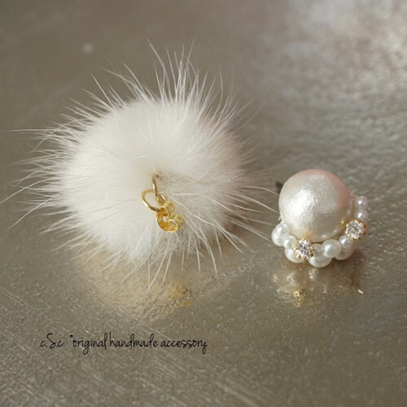Cotton Pearl*Whiteファーピアス（イヤリング） 3枚目の画像