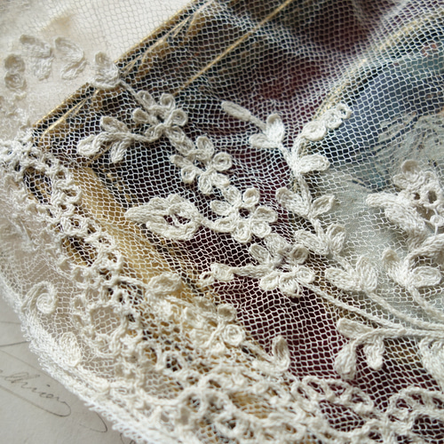 フランス アンティーク刺繍チュールレース C515 エクリュ レース vmt 