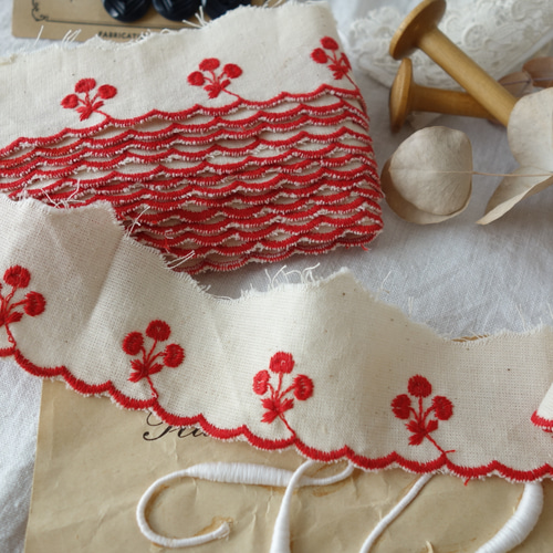 フランス 45㎝ アンティーク刺繍レース B419 レッド レース vmt