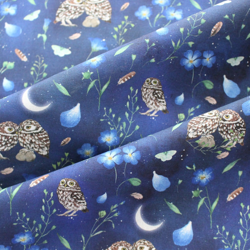 140cm×50cm】ドイツ輸入生地 acufactum837 夜のフクロウの生地ブルー  