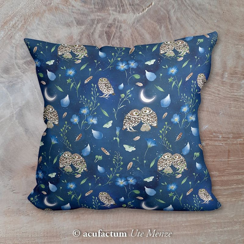 140cm×50cm】ドイツ輸入生地 acufactum837 夜のフクロウの生地ブルー  