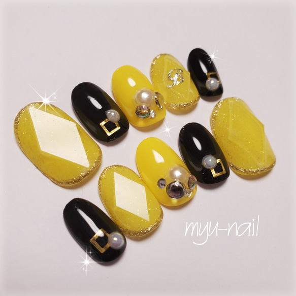 イエロー×ブラック♡宝石ネイル♡ ネイルチップ（つけ爪） ♡myu