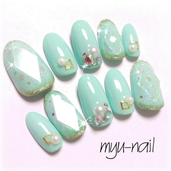 ミントカラー♡宝石ネイル♡ ネイルチップ（つけ爪） ♡myu-NAIL
