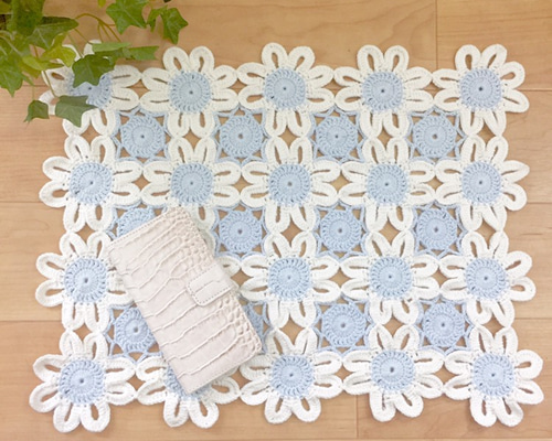 コットン手編み❁Bお花のマルチカバー❁スカイブルー その他