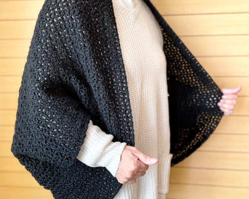 国産ふんわりツイード/ブラック（黒）・モモンガカーディガン 国産ウールで編んだ【モモンガカーディガン】黒 カーディガン banamaru