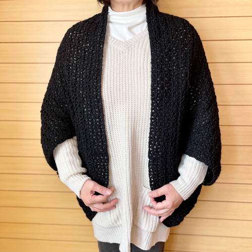 国産ふんわりツイード/ブラック（黒）・モモンガカーディガン 国産ウールで編んだ【モモンガカーディガン】黒 カーディガン banamaru