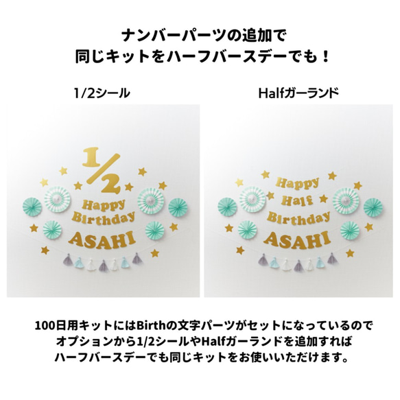 ペーパーファン100日祝い用バースデーキット（メロンソーダ・丸文字ガーランド）誕生日　飾り　飾り付け 3枚目の画像