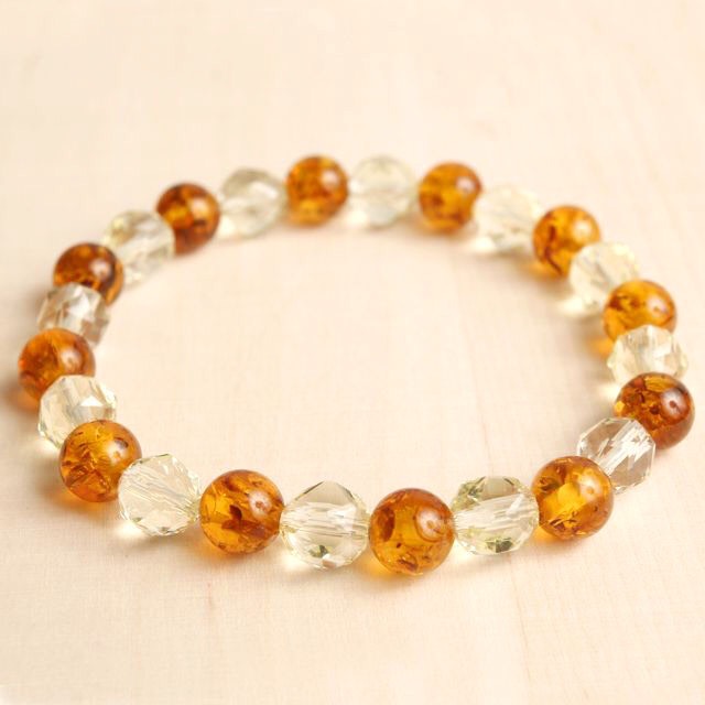 【アンバーの宝石★】健康･長寿のお守りに。琥珀とレモンクォーツ水晶のパワーストーンブレスレット 天然石