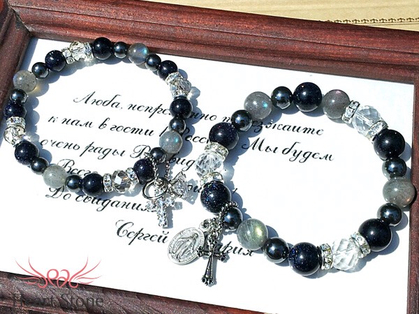 【2本セット】ペアブレスレットのプレゼントに♪ラブラドライト×星空ブルーサンド 天然石ブレスレット