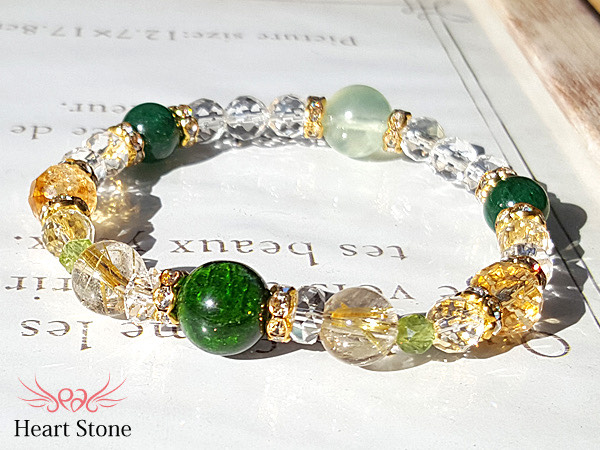 クロムダイオプサイト×ルチルクォーツ×ペリドット×シトリン×プレナイトMIX ブレスレット 天然石