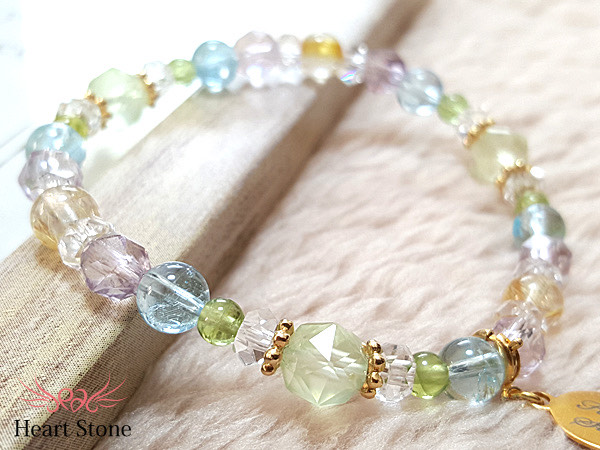 【Plaisir】プレナイト×ペリドット×トパーズ×ルチルクォーツ×アメジスト 透明度抜群♡天然石ブレスレット