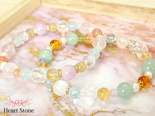 選べる2カラー★明るいパステルカラーで気分もリフレッシュ★クンツァイト×琥珀 天然石ブレスレット