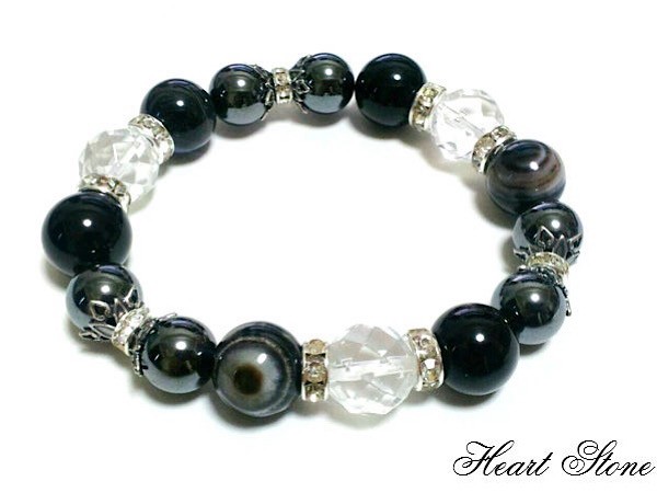 【シンプルながらも存在感があるデザイン！】天眼石×オニキス×水晶64面カット×ヘマタイト 天然石ブレスレット