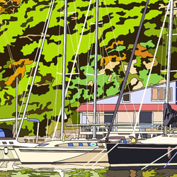 A4サイズ「ヨットハーバーと緑の森」 5枚目の画像