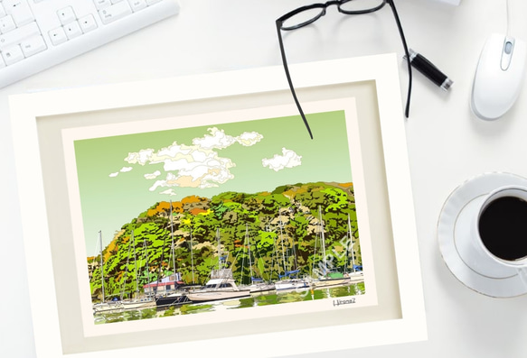 A4サイズ「ヨットハーバーと緑の森」 6枚目の画像