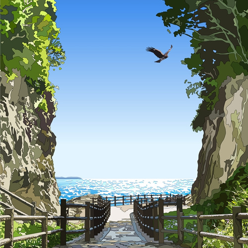5名さま　A4サイズ　額縁なし　背景海 A4サイズ「切り通しの先には海」 絵画 hiroma2 通販 6406210