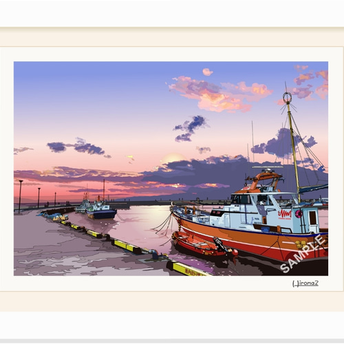 A4サイズ「片瀬漁港の夕暮れ」 絵画 hiroma2 通販 7381189