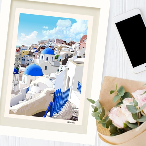 A4サイズ「サントリーニ島」 絵画 hiroma2 通販 9936451｜Creema(クリーマ)